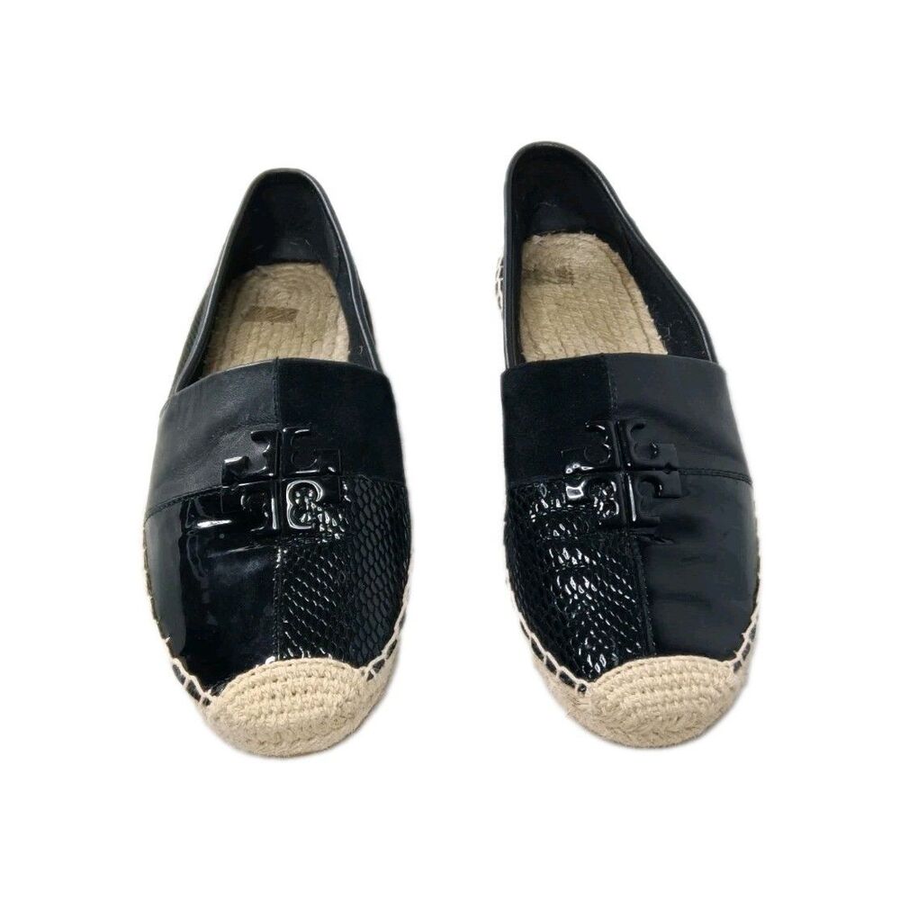 Tory Burch Logo Patchwork Espadrille Size 8 Shoes Black Leather Suede